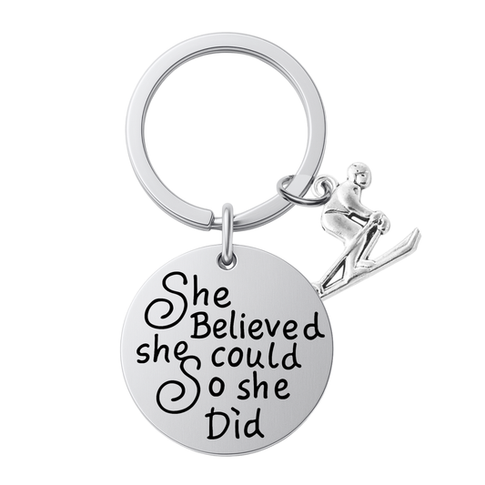She Believed She Could So She Did Keychain – Ski, Snowboard & Love to Ski Inspirational Keychain | Sportybella