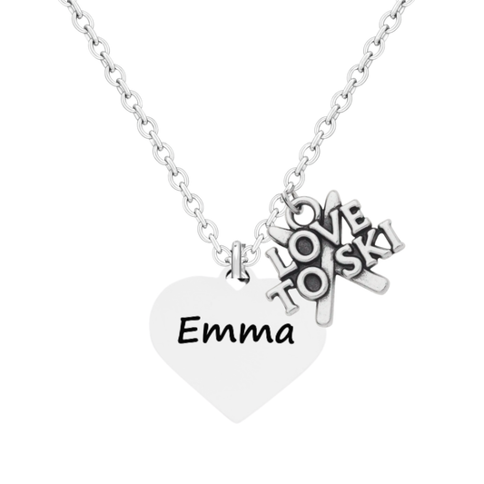 Personalized Ski Necklace – Custom Name Heart Pendant with Love to Ski or Skier Charm | Sportybella