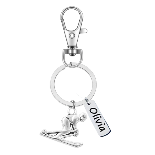 Personalized Ski & Snowboard Keychain – Custom Name Tag with Love to Ski, Skier, or Snowboard Charm | Sportybella
