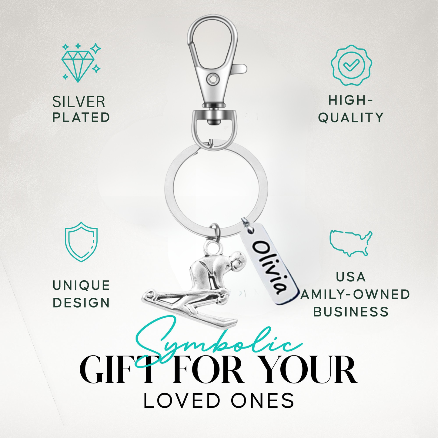 Personalized Ski & Snowboard Keychain – Custom Name Tag with Love to Ski, Skier, or Snowboard Charm | Sportybella
