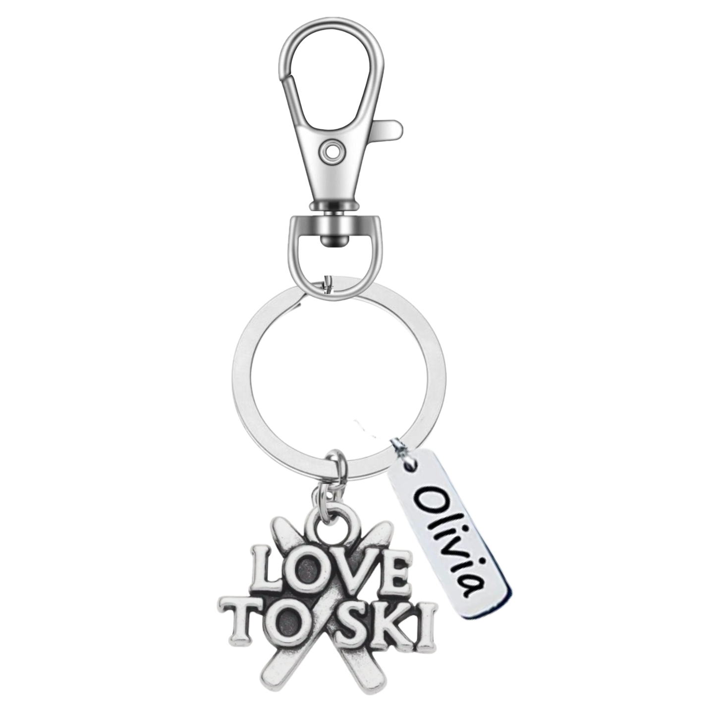 Personalized Ski & Snowboard Keychain – Custom Name Tag with Love to Ski, Skier, or Snowboard Charm | Sportybella