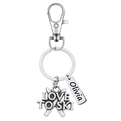 Personalized Ski & Snowboard Keychain – Custom Name Tag with Love to Ski, Skier, or Snowboard Charm | Sportybella