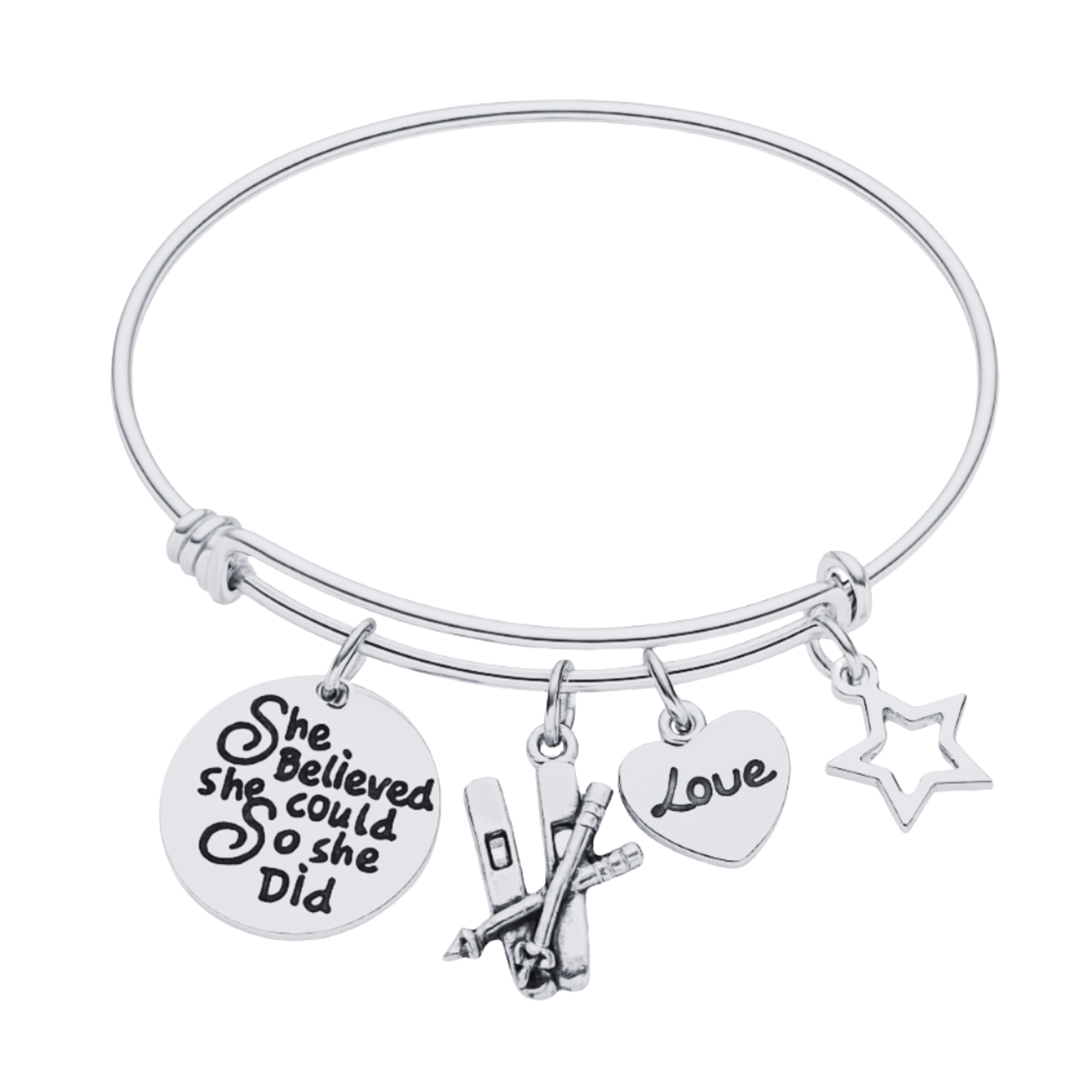 She Believed She Could So She Did Ski Bracelet – Inspirational Bangle with Skier, Love & Star Charms | Sportybella