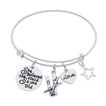 She Believed She Could So She Did Ski Bracelet – Inspirational Bangle with Skier, Love & Star Charms | Sportybella