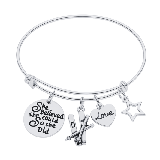 She Believed She Could So She Did Ski Bracelet – Inspirational Bangle with Skier, Love & Star Charms | Sportybella