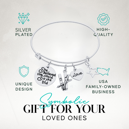She Believed She Could So She Did Ski Bracelet – Inspirational Bangle with Skier, Love & Star Charms | Sportybella