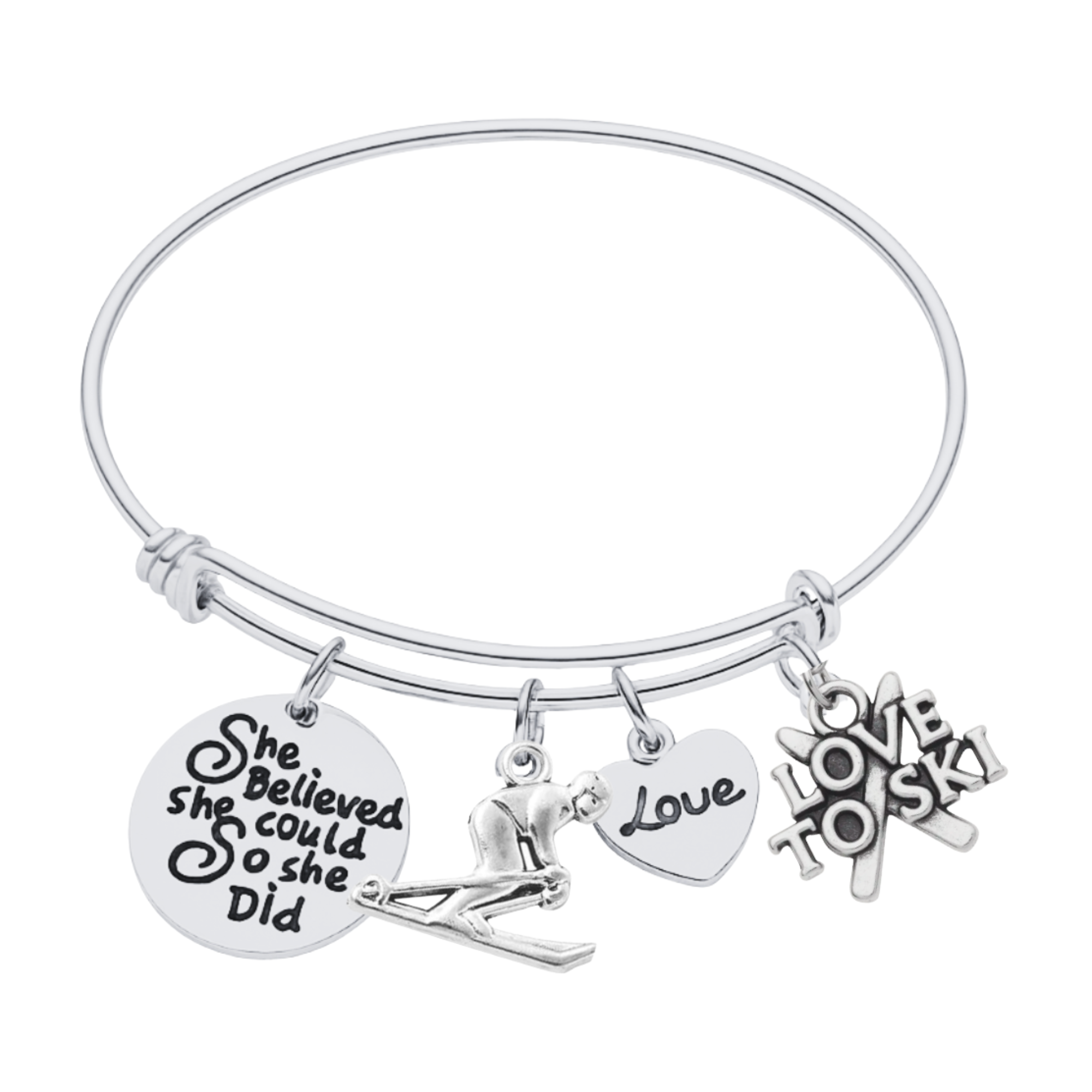 She Believed She Could So She Did Ski Bracelet – Inspirational Bangle with Skier, Love & Star Charms | Sportybella
