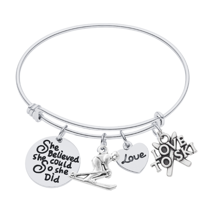 She Believed She Could So She Did Ski Bracelet – Inspirational Bangle with Skier, Love & Star Charms | Sportybella