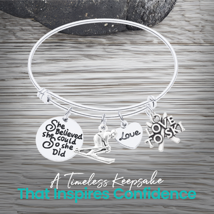 She Believed She Could So She Did Ski Bracelet – Inspirational Bangle with Skier, Love & Star Charms | Sportybella