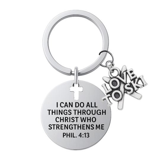 Ski Christian Keychain – Love to Ski Keychain with Philippians 4:13 Verse | Sportybella