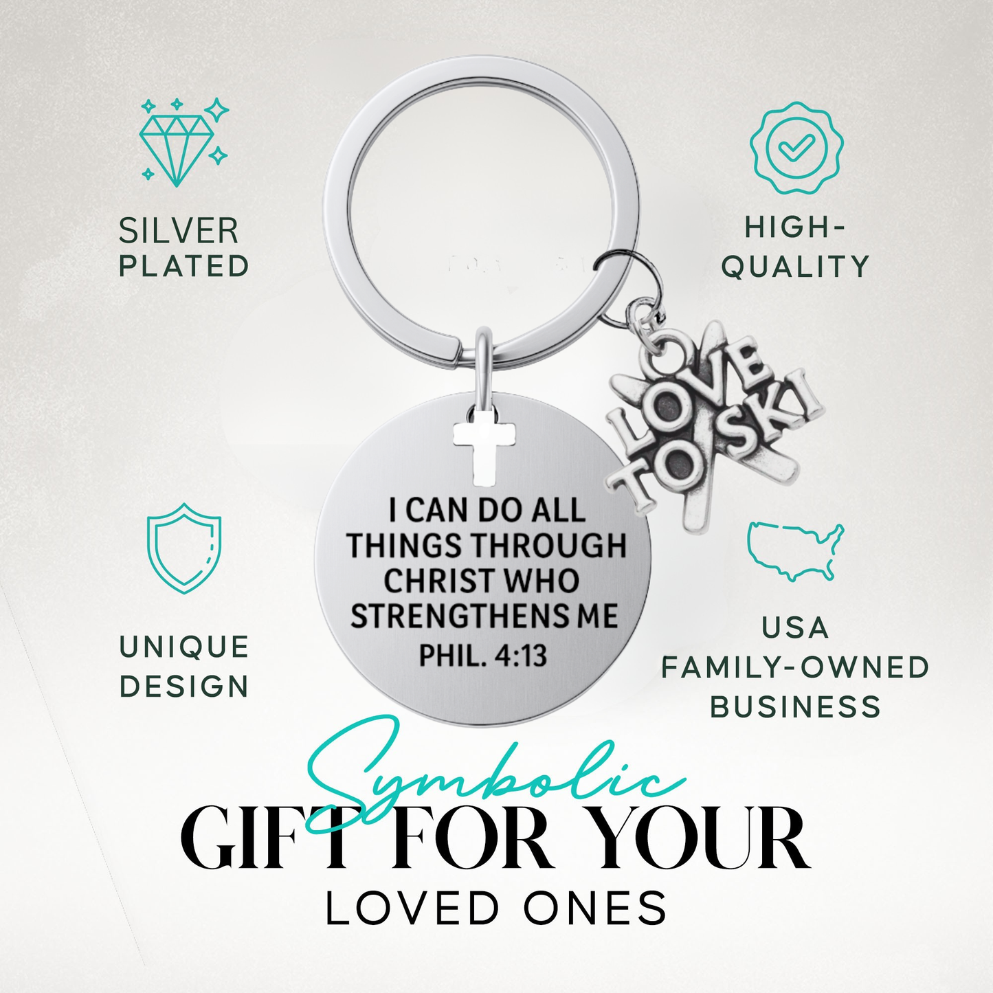 Ski Christian Keychain – Love to Ski Keychain with Philippians 4:13 Verse | Sportybella