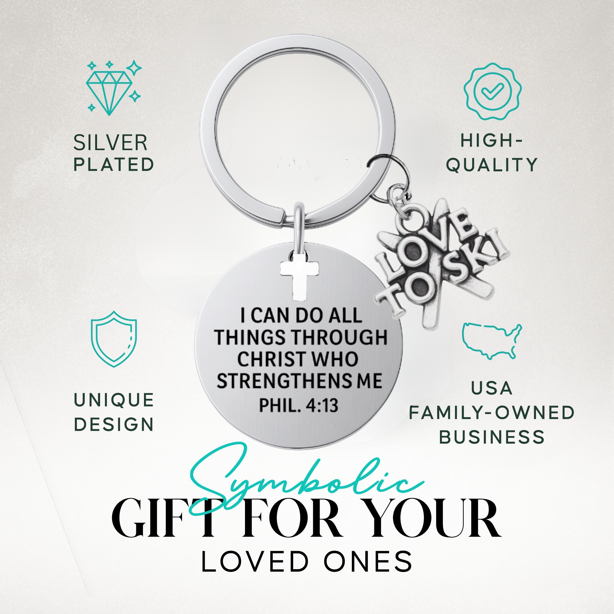 Ski Christian Keychain – Love to Ski Keychain with Philippians 4:13 Verse | Sportybella