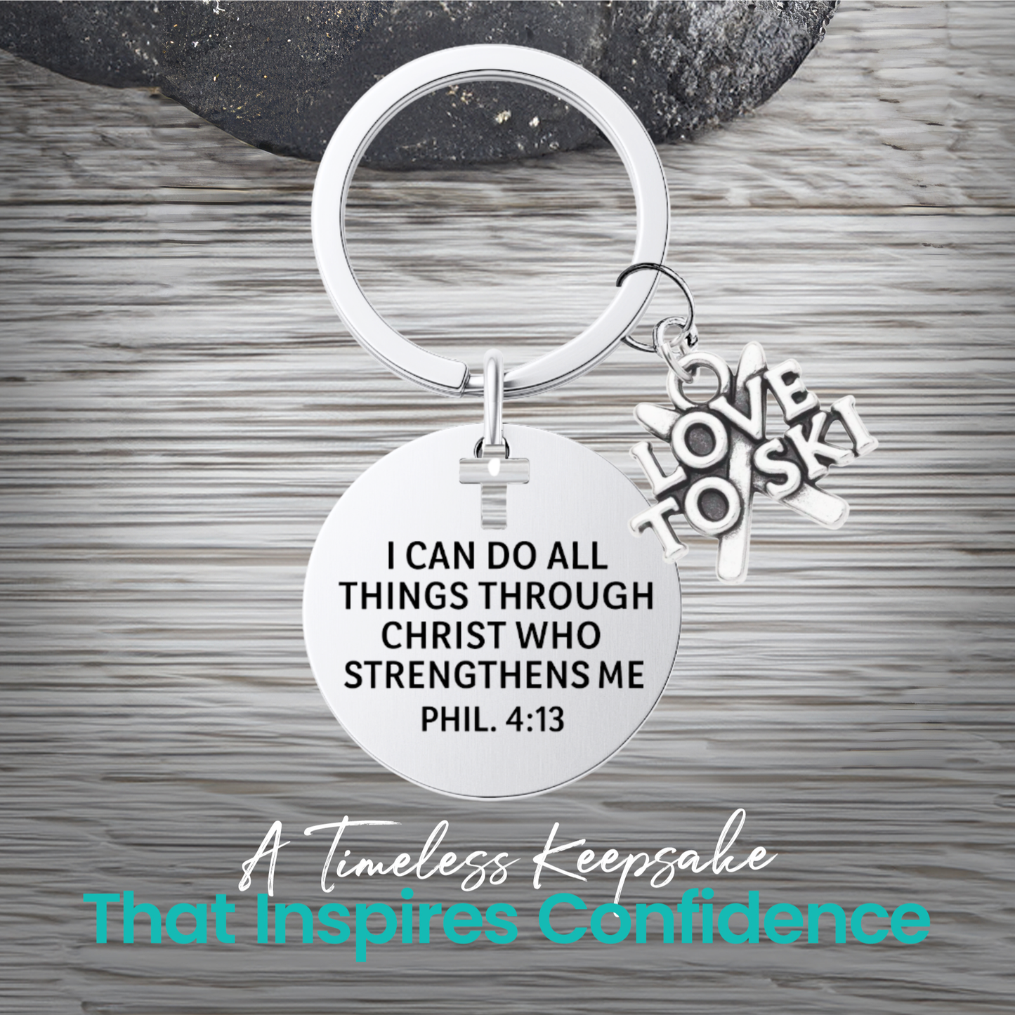 Ski Christian Keychain – Love to Ski Keychain with Philippians 4:13 Verse | Sportybella