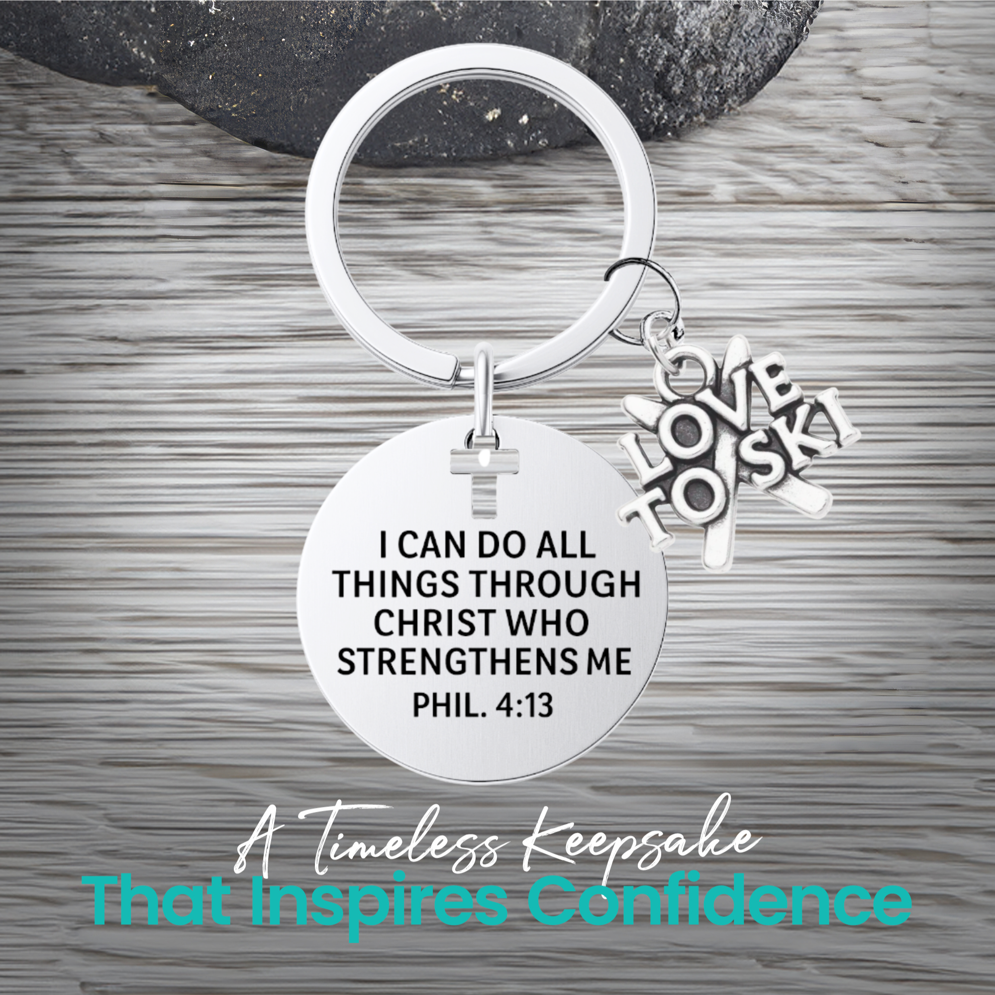 Ski Christian Keychain – Love to Ski Keychain with Philippians 4:13 Verse | Sportybella