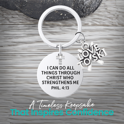Ski Christian Keychain – Love to Ski Keychain with Philippians 4:13 Verse | Sportybella