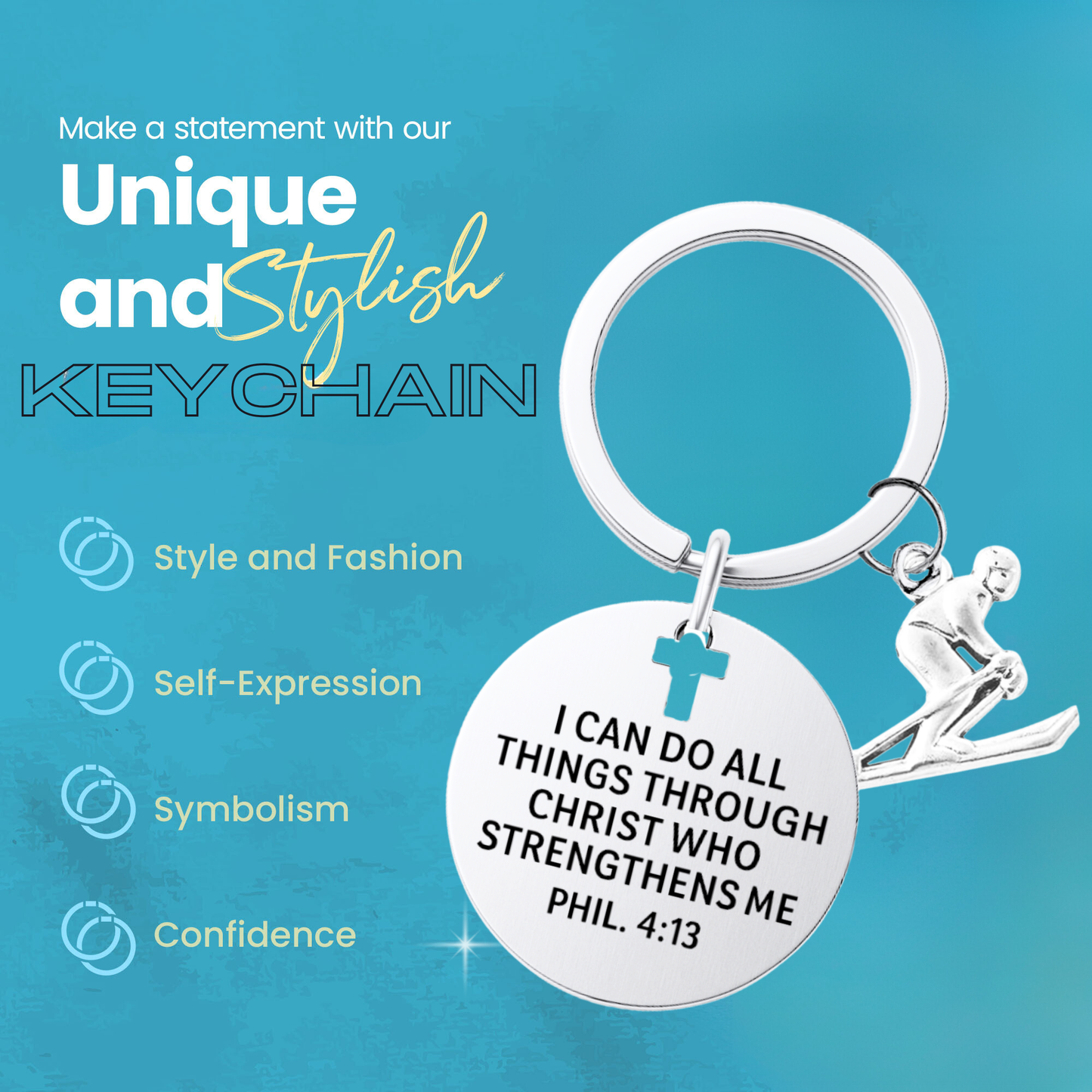 Ski Christian Keychain – Love to Ski Keychain with Philippians 4:13 Verse | Sportybella