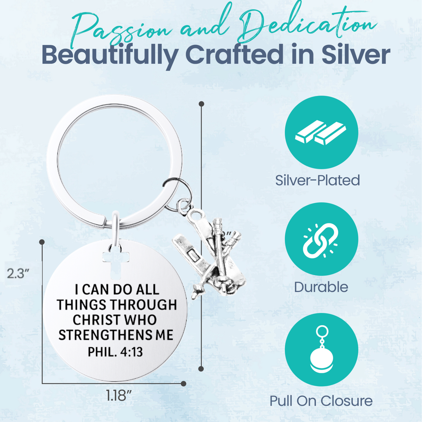 Ski Christian Keychain – Love to Ski Keychain with Philippians 4:13 Verse | Sportybella
