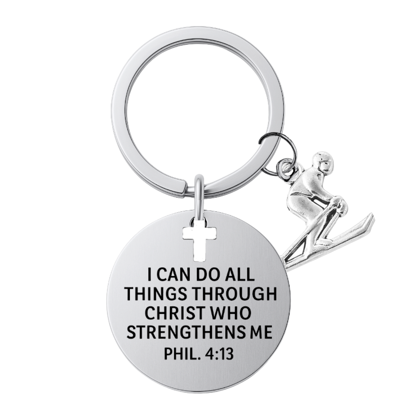 Ski Christian Keychain – Love to Ski Keychain with Philippians 4:13 Verse | Sportybella