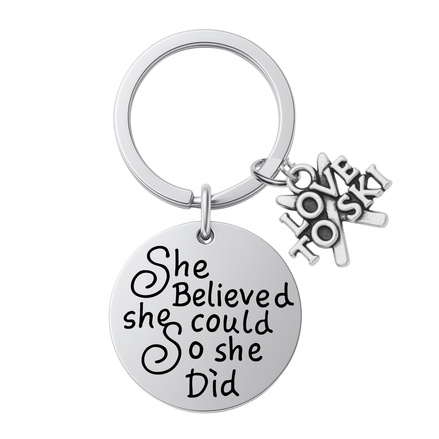 She Believed She Could So She Did Keychain – Ski, Snowboard & Love to Ski Inspirational Keychain | Sportybella