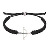 Black rope bracelet with silver-tone bow and arrow charm centered on adjustable band