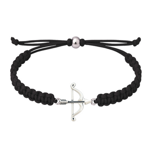 Black rope bracelet with silver-tone bow and arrow charm centered on adjustable band