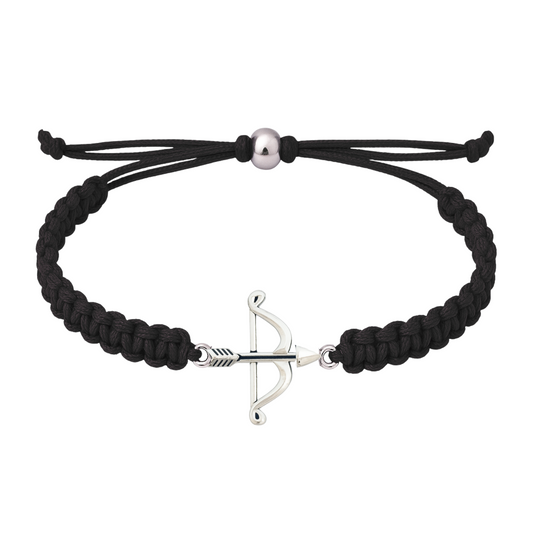 Black rope bracelet with silver-tone bow and arrow charm centered on adjustable band