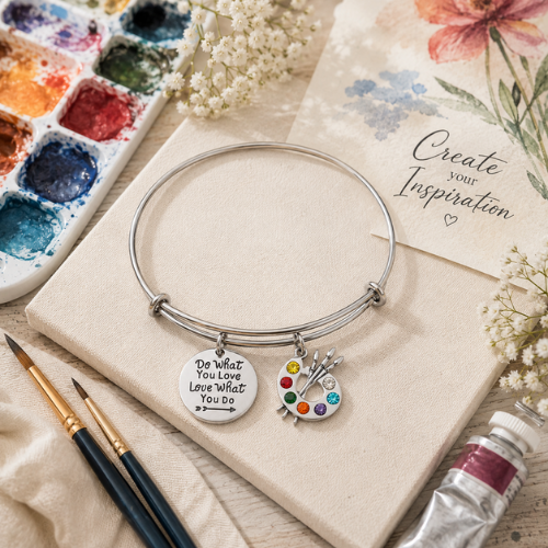 Artist Paint Palette and Brush Charm Bangle Bracelet