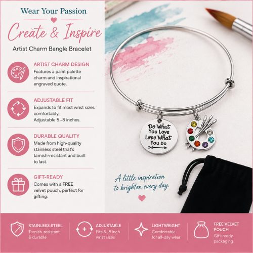 Artist Paint Palette and Brush Charm Bangle Bracelet