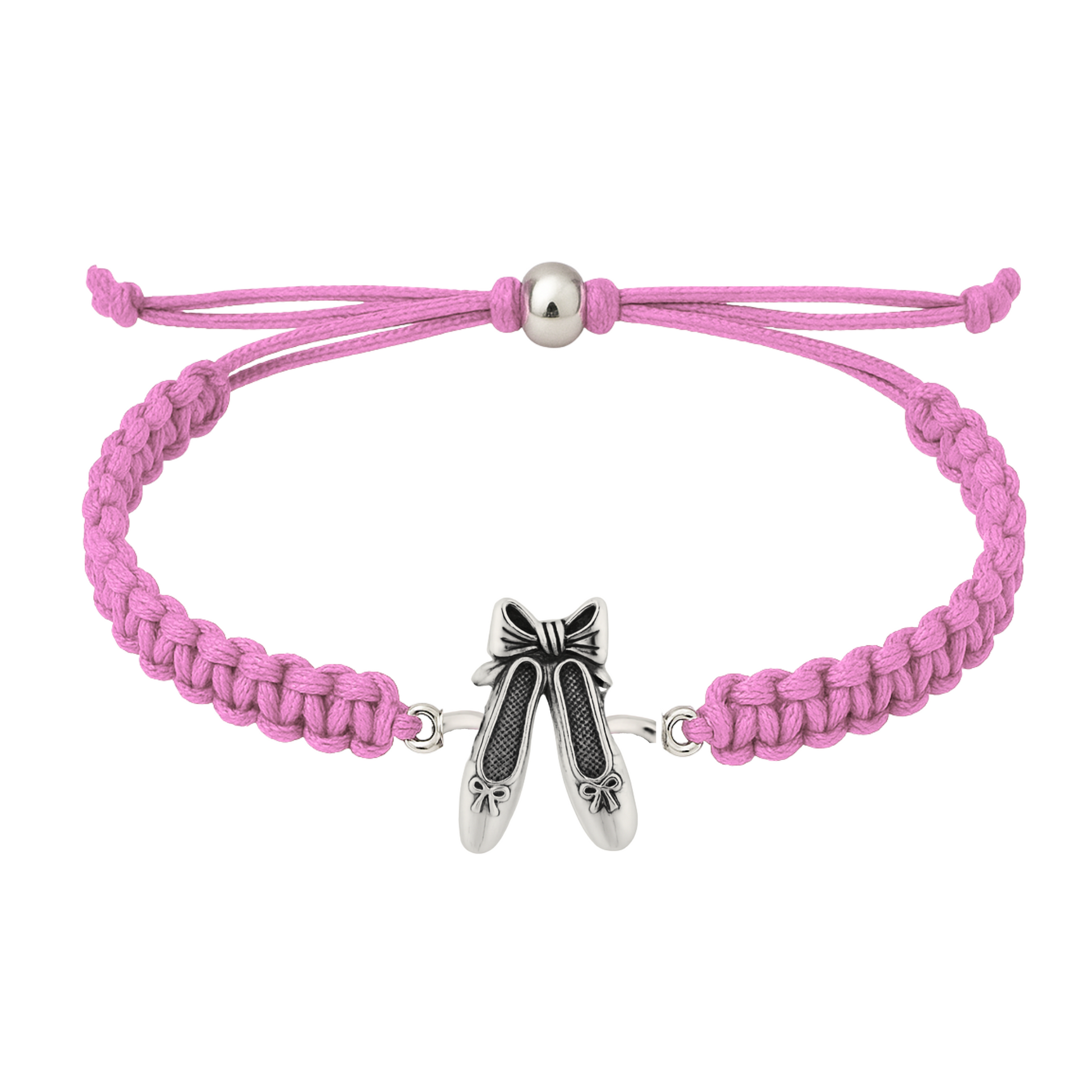 Pink braided ballet bracelet with silver ballerina charm and adjustable cord
