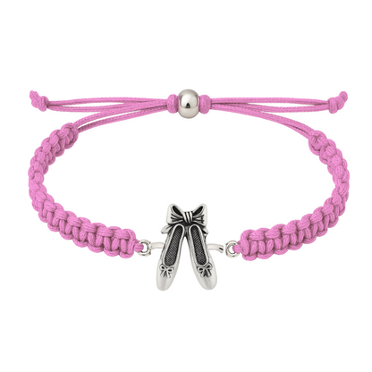 Pink braided ballet bracelet with silver ballerina charm and adjustable cord