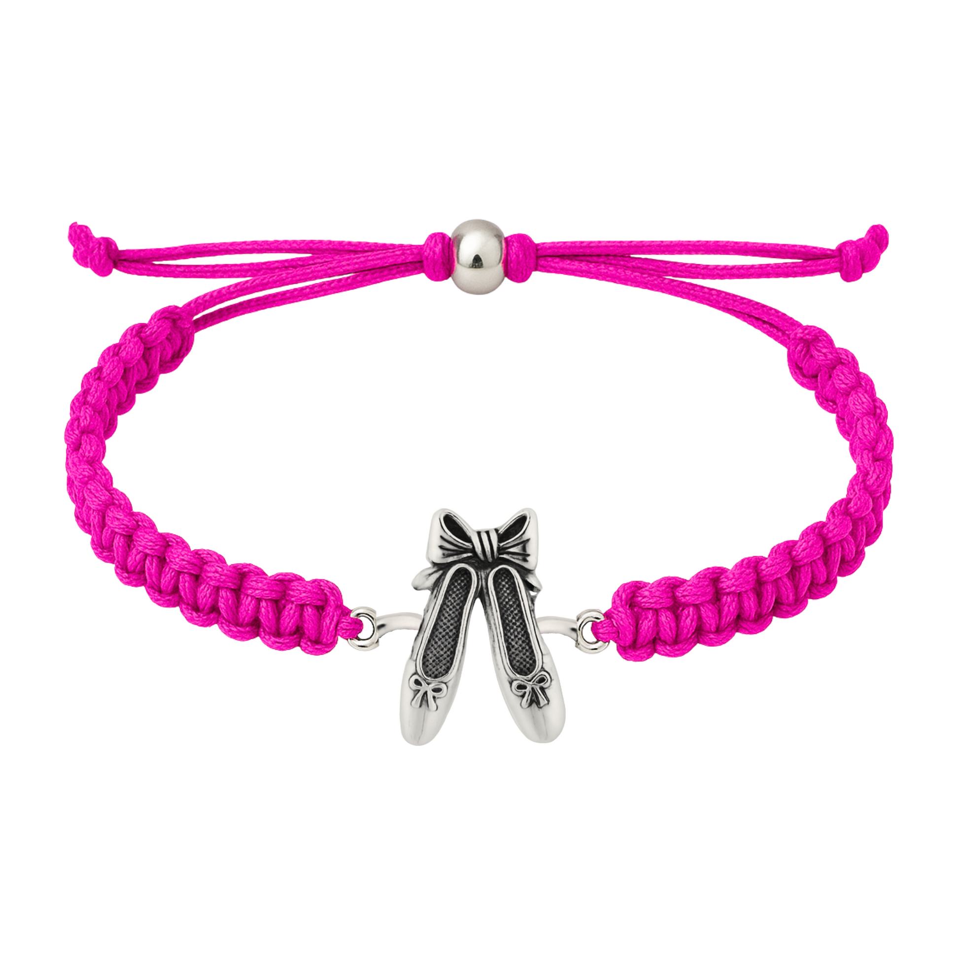Hot pink dance bracelet featuring stainless ballerina charm and slip-knot closure