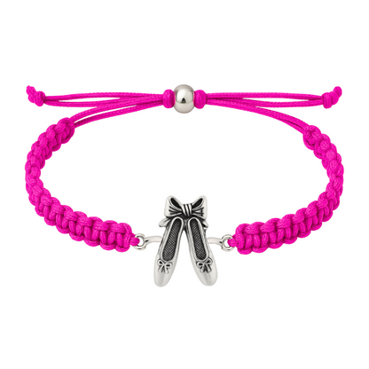 Hot pink dance bracelet featuring stainless ballerina charm and slip-knot closure