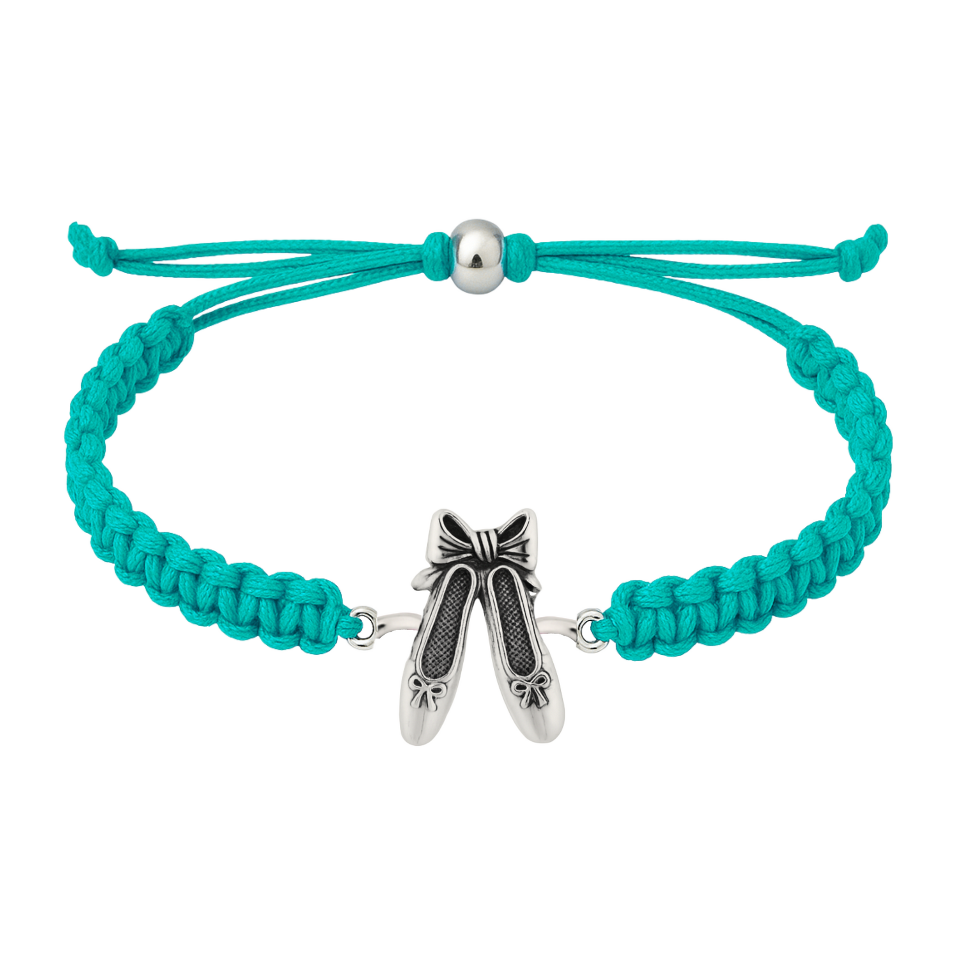 Teal adjustable rope bracelet with silver ballet charm for dancers