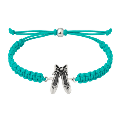 Teal adjustable rope bracelet with silver ballet charm for dancers