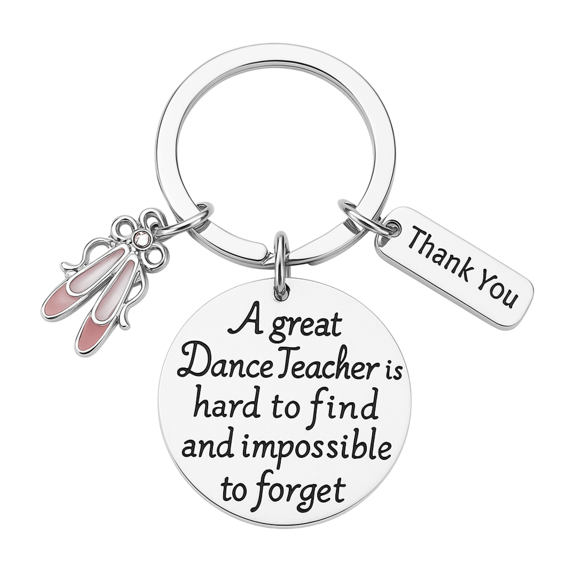 Ballet-themed dance teacher keychain with pink ballet slippers, “Thank You” charm, and engraved quote
