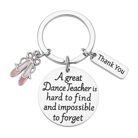 Ballet-themed dance teacher keychain with pink ballet slippers, “Thank You” charm, and engraved quote