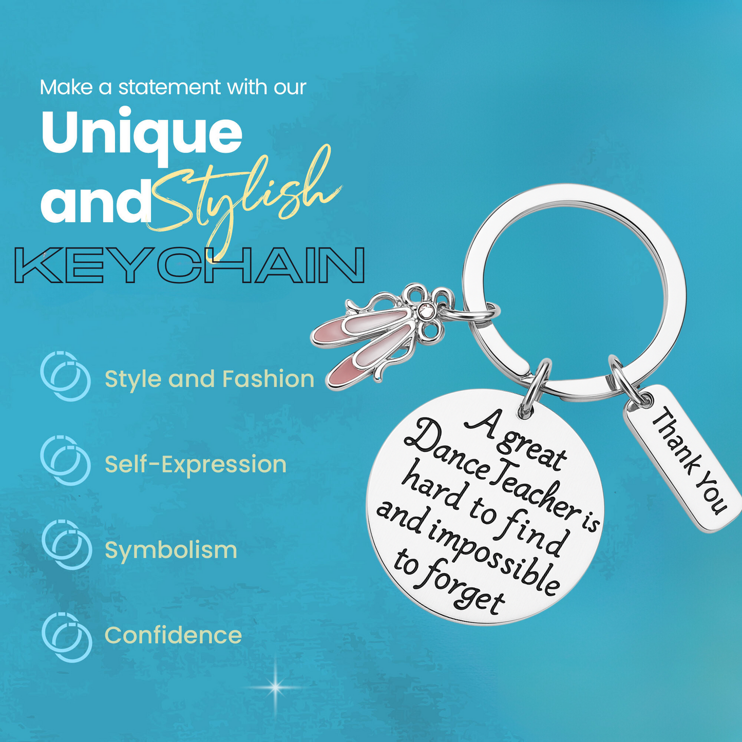  Blue feature card showing ballet teacher keychain as unique and thoughtful gift