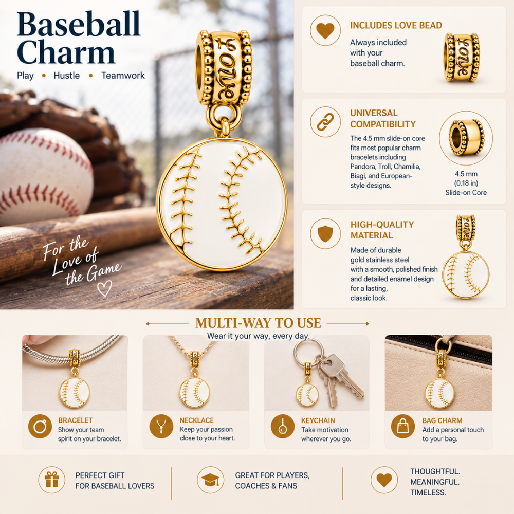 Baseball Charm Bead - Gold