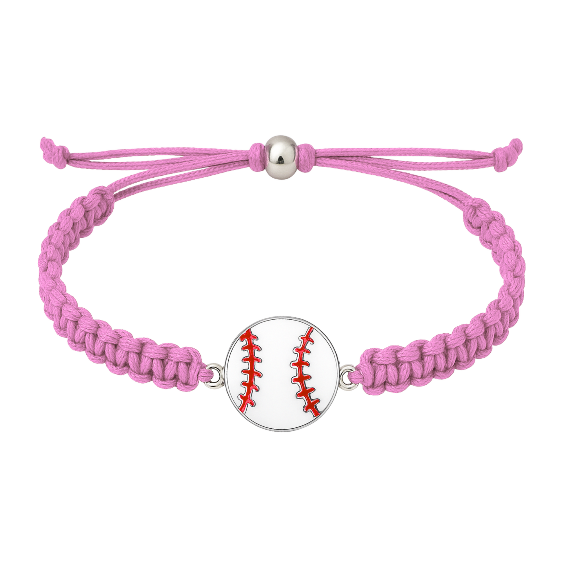 Pink baseball charm bracelet with sporty design, stainless steel detailing, and durable woven rope