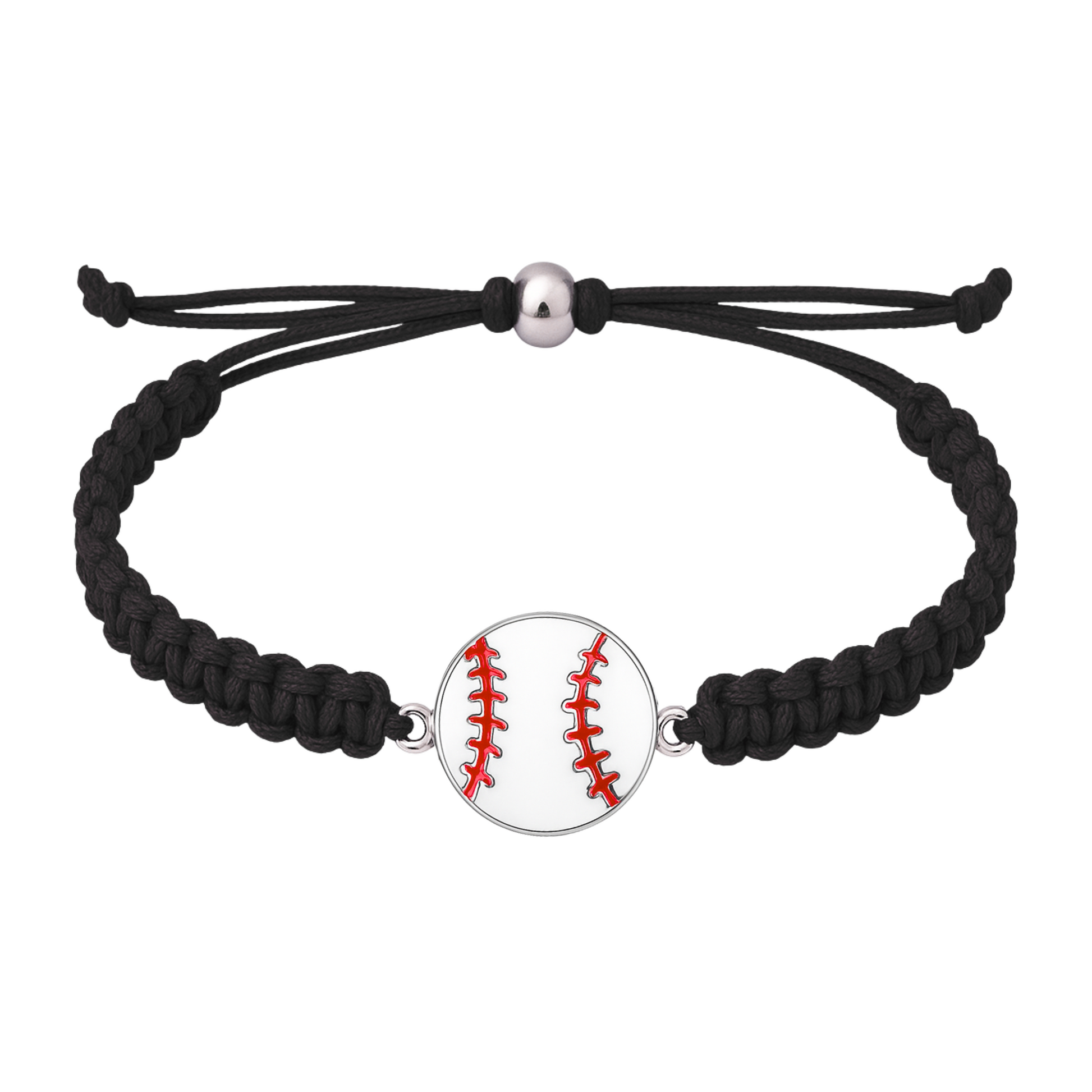 Black baseball bracelet with detailed baseball charm and adjustable slip-knot fit for any wrist size