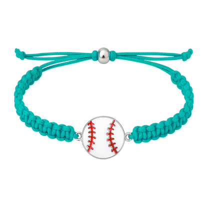 Teal braided baseball bracelet with detailed stainless steel baseball charm, stylish and unisex