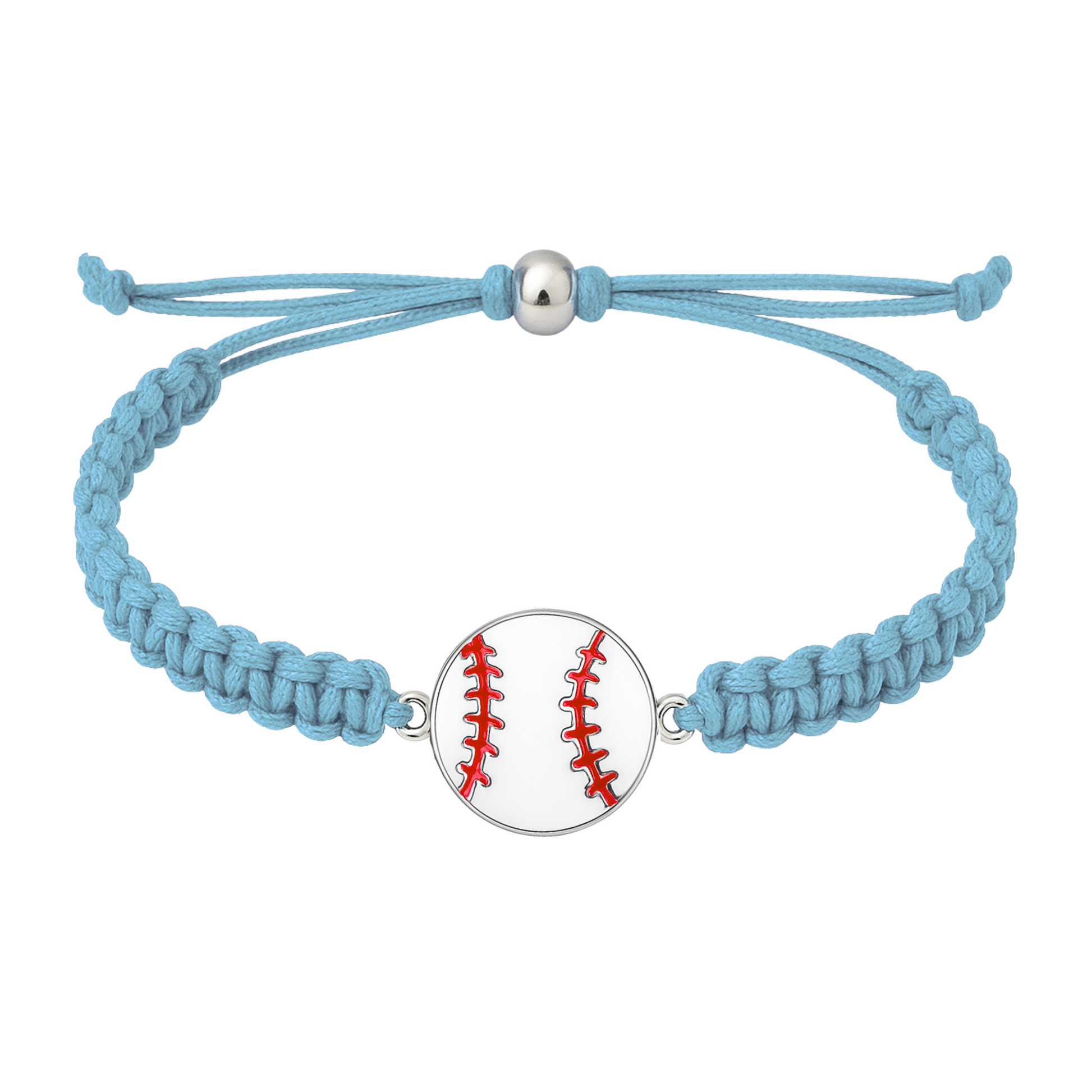 Light blue baseball rope bracelet with red-stitched baseball charm and adjustable braided design