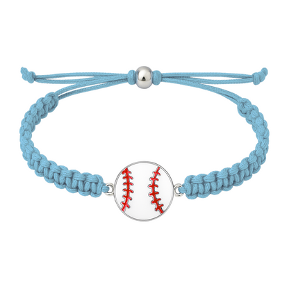 Light blue baseball rope bracelet with red-stitched baseball charm and adjustable braided design