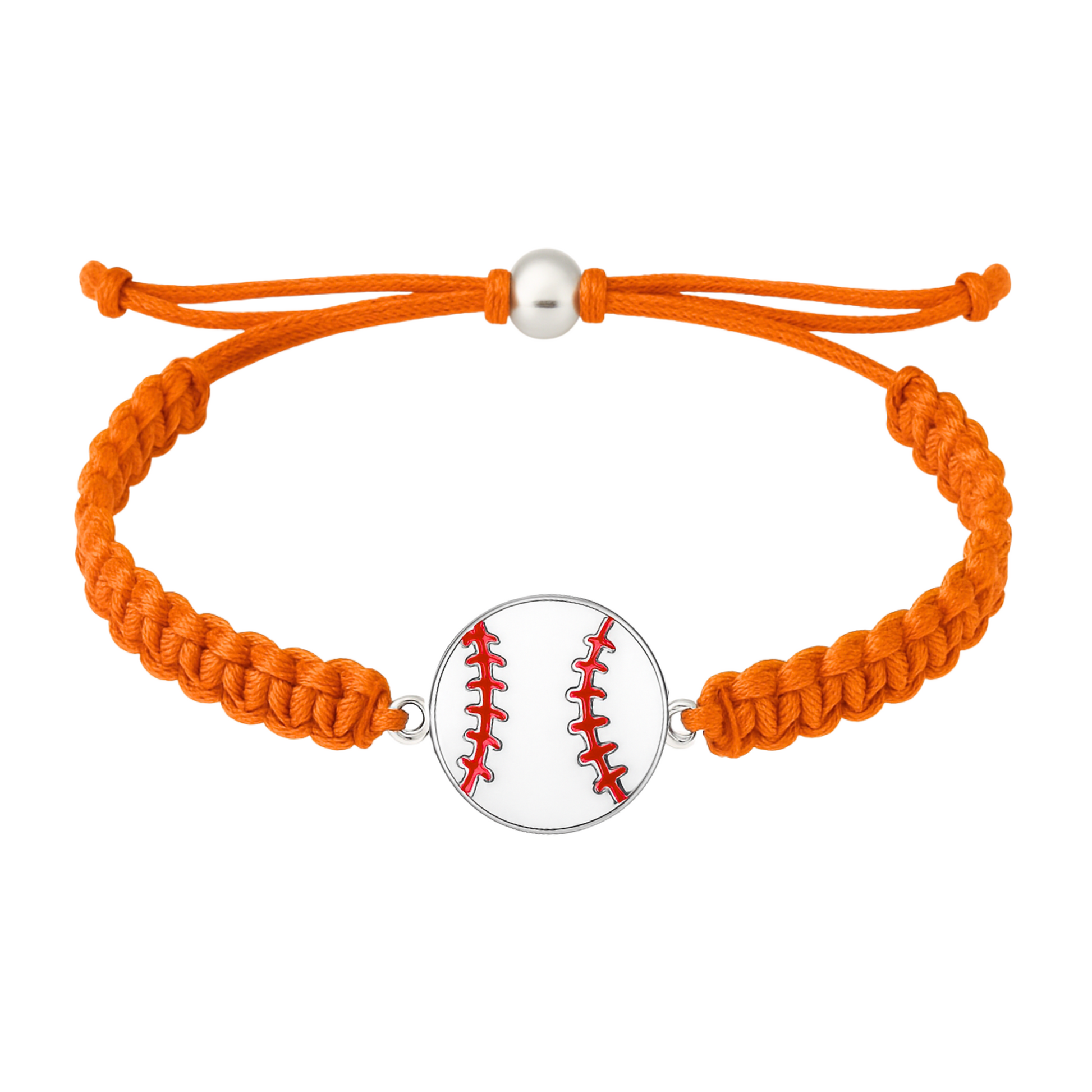Orange braided baseball bracelet with white and red seam charm, adjustable and rust-resistant
