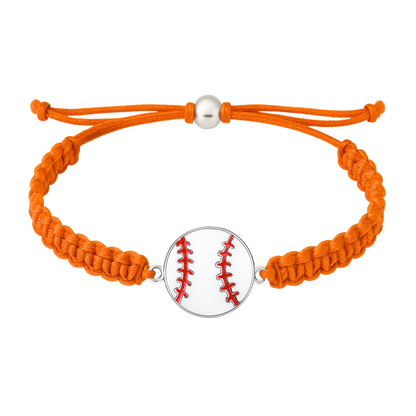 Orange braided baseball bracelet with white and red seam charm, adjustable and rust-resistant