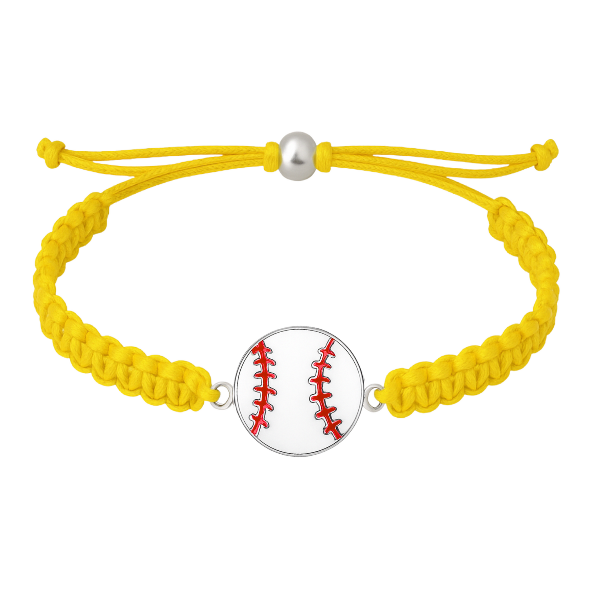Yellow baseball rope bracelet with stitched baseball charm, bold team gift option for players.