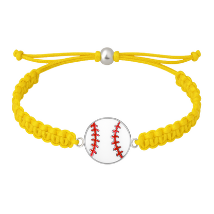 Yellow baseball rope bracelet with stitched baseball charm, bold team gift option for players.