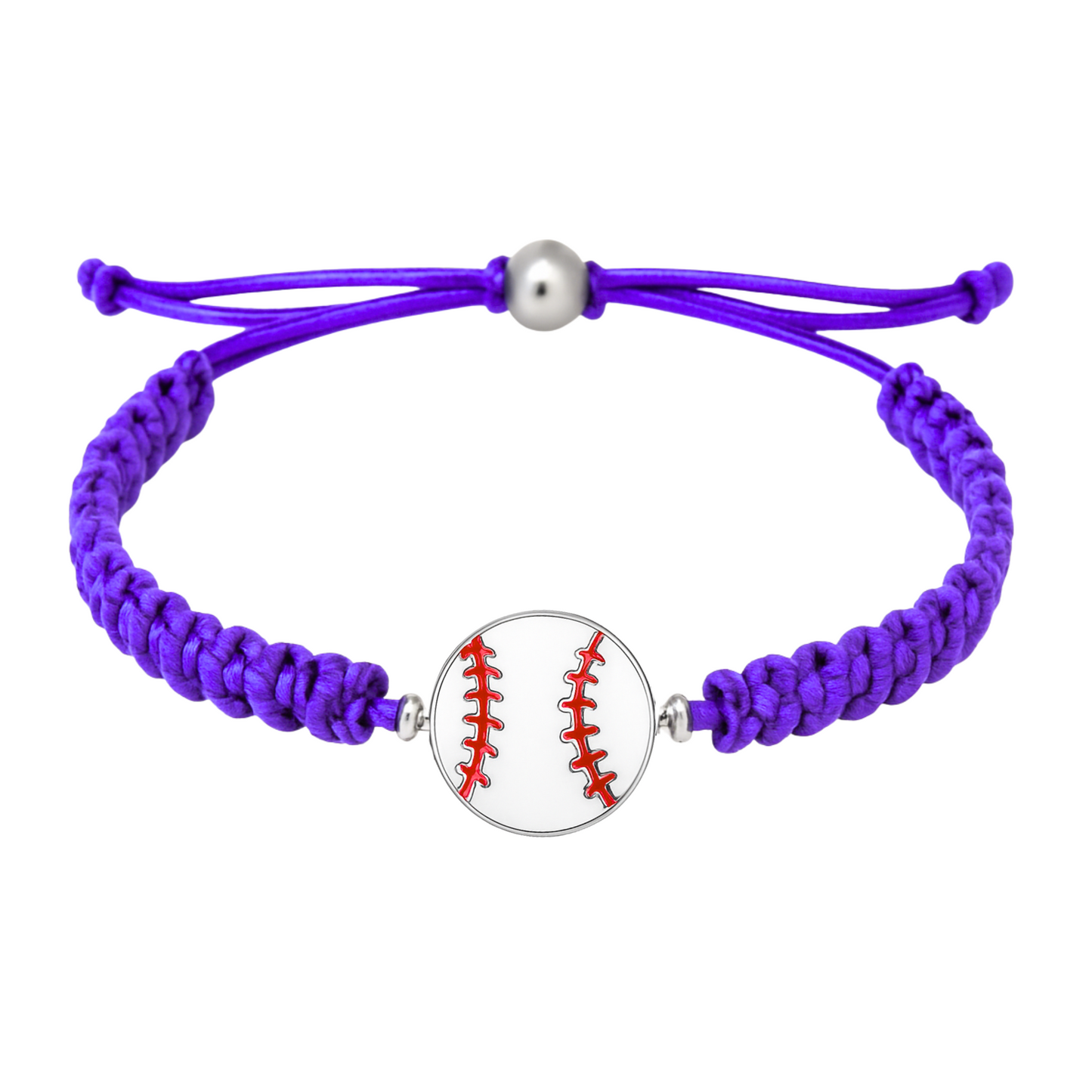 Purple baseball bracelet with red-stitched stainless steel ball charm and durable braided cord