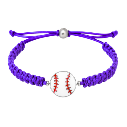 Purple baseball bracelet with red-stitched stainless steel ball charm and durable braided cord