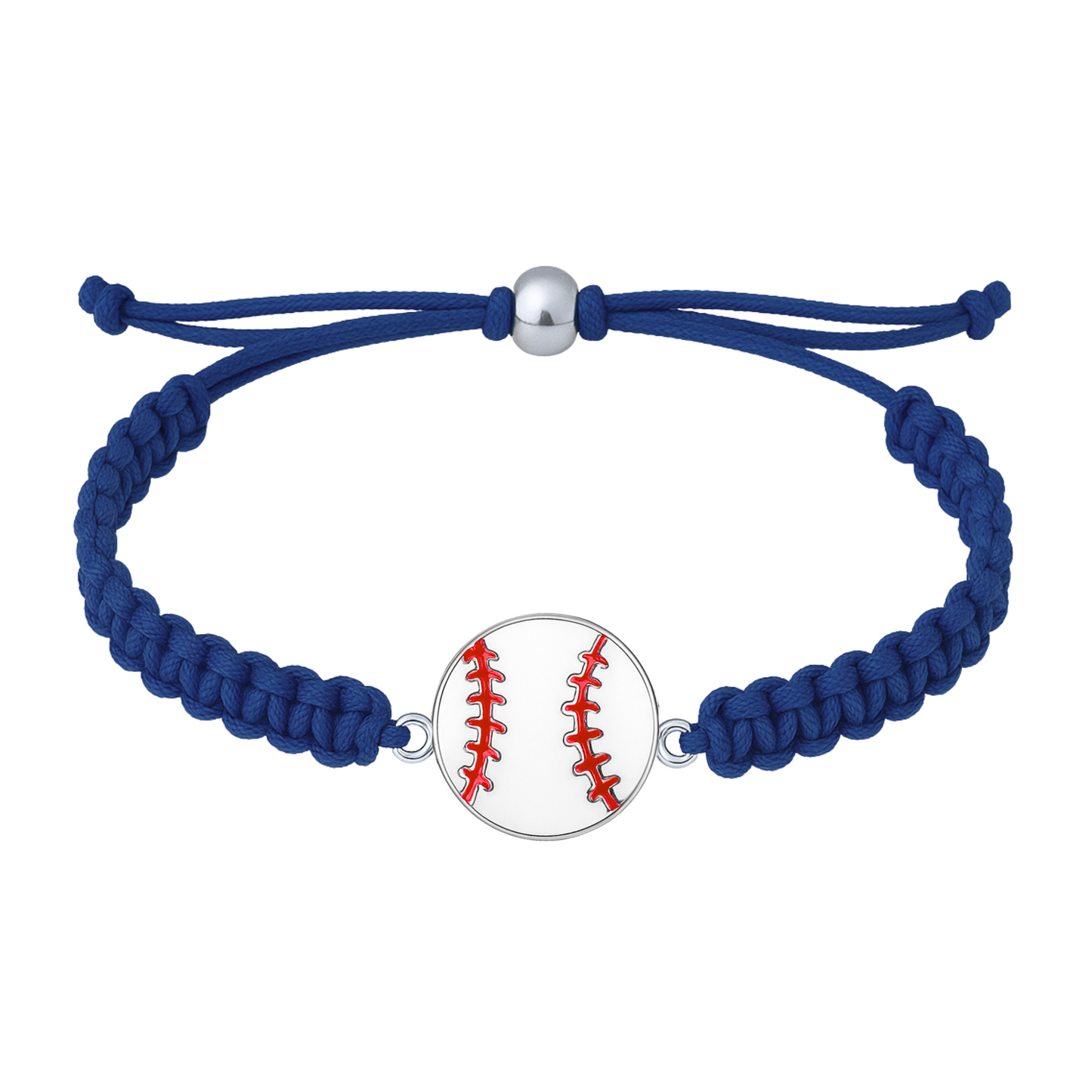 Navy blue baseball bracelet with polished baseball charm, strong braided design for all-day use